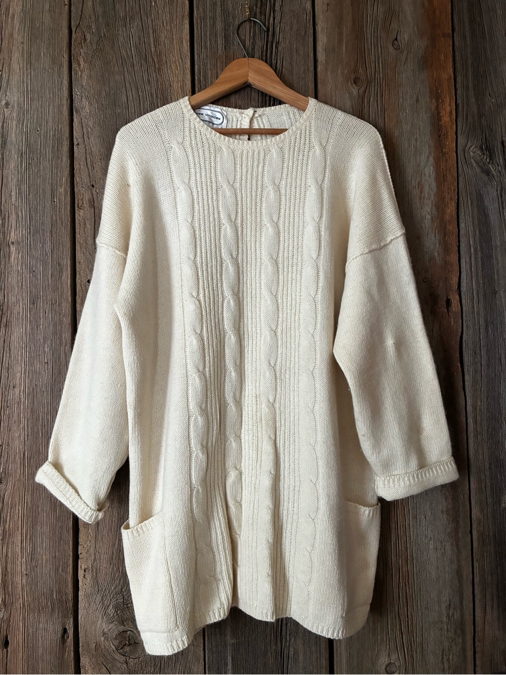 Vintage Lambswool Long Cream Cable Knit Womens Sweater with Pockets, L
